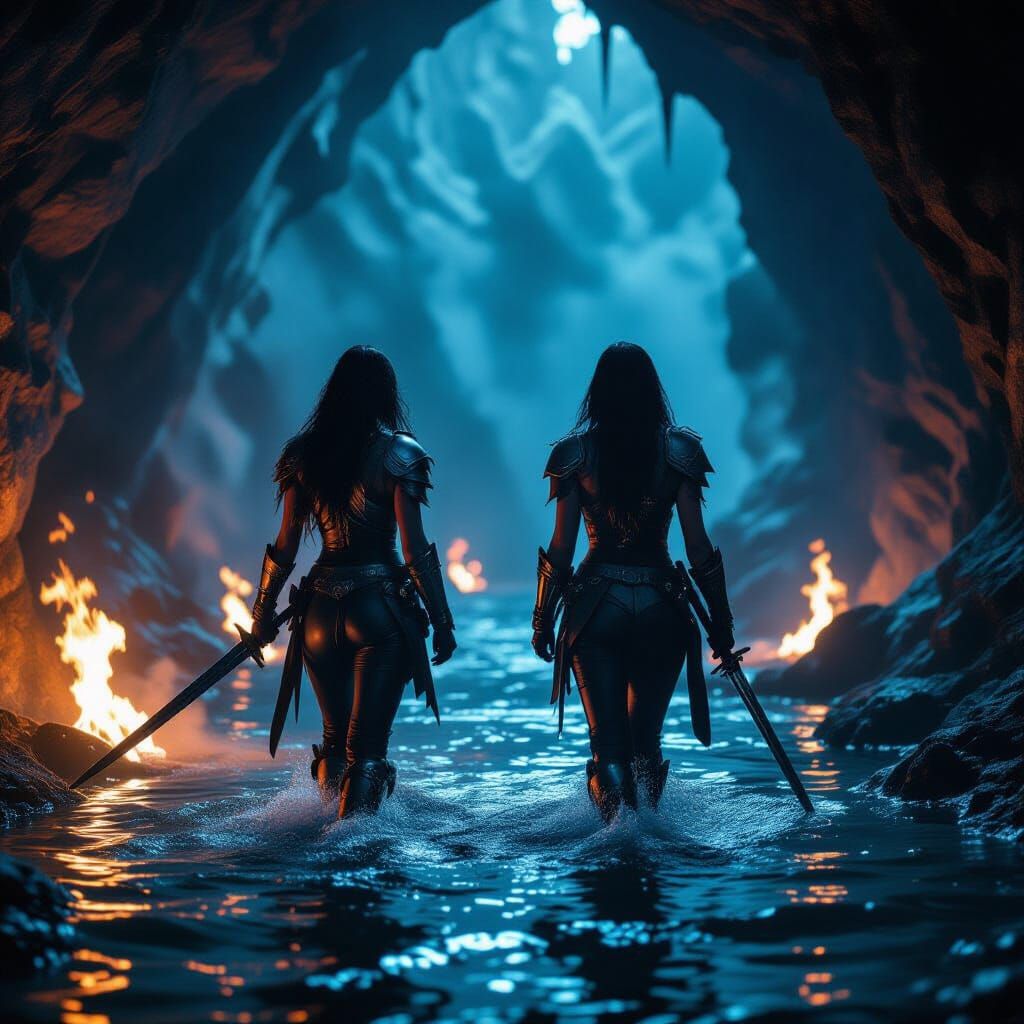 Women with Swords in Burning Cave with Ethereal Flames