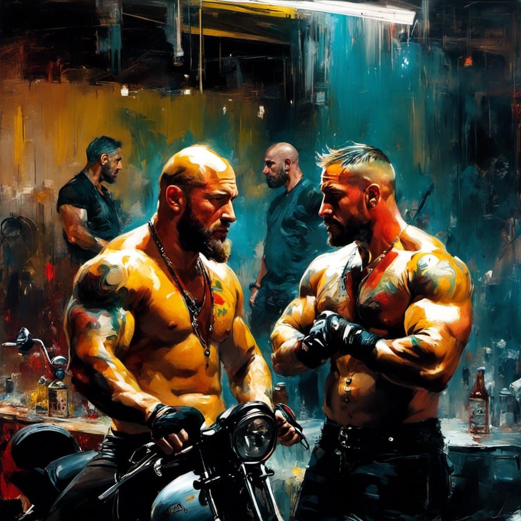 Gay Bikers in Garage: Hyperrealistic Digital Painting