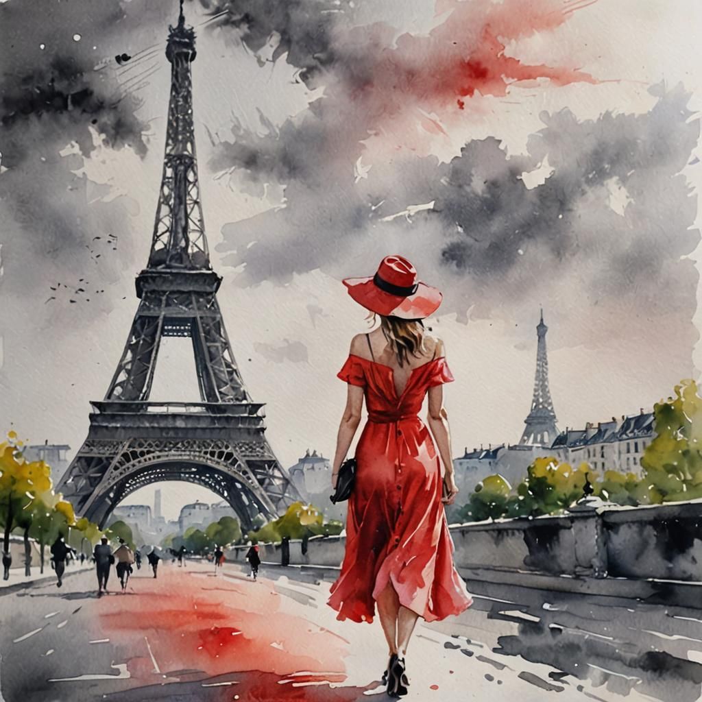 Eiffel Tower Watercolor Painting in Red and Gray