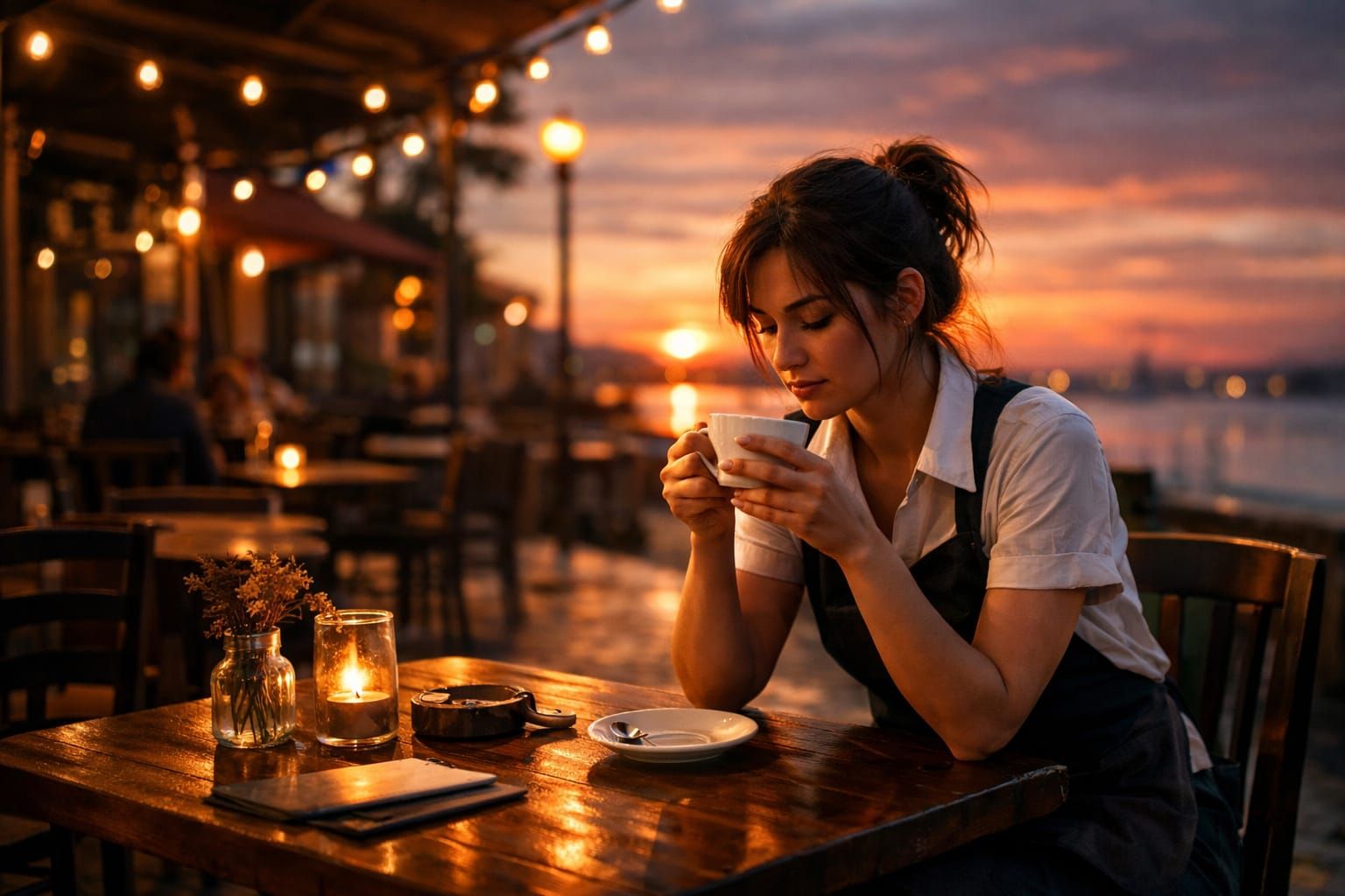 Weary Waitress Enjoys Coffee in Evocative Sunset Cafe