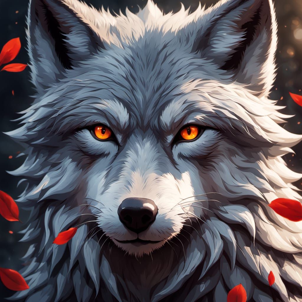 Anime Wolf with Crimson Petals in Ghibli Style