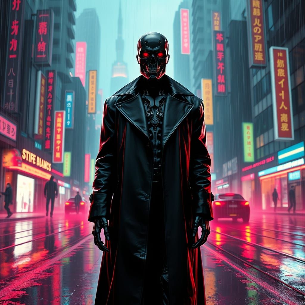 Cyberpunk Terminator in Rainy Cityscape