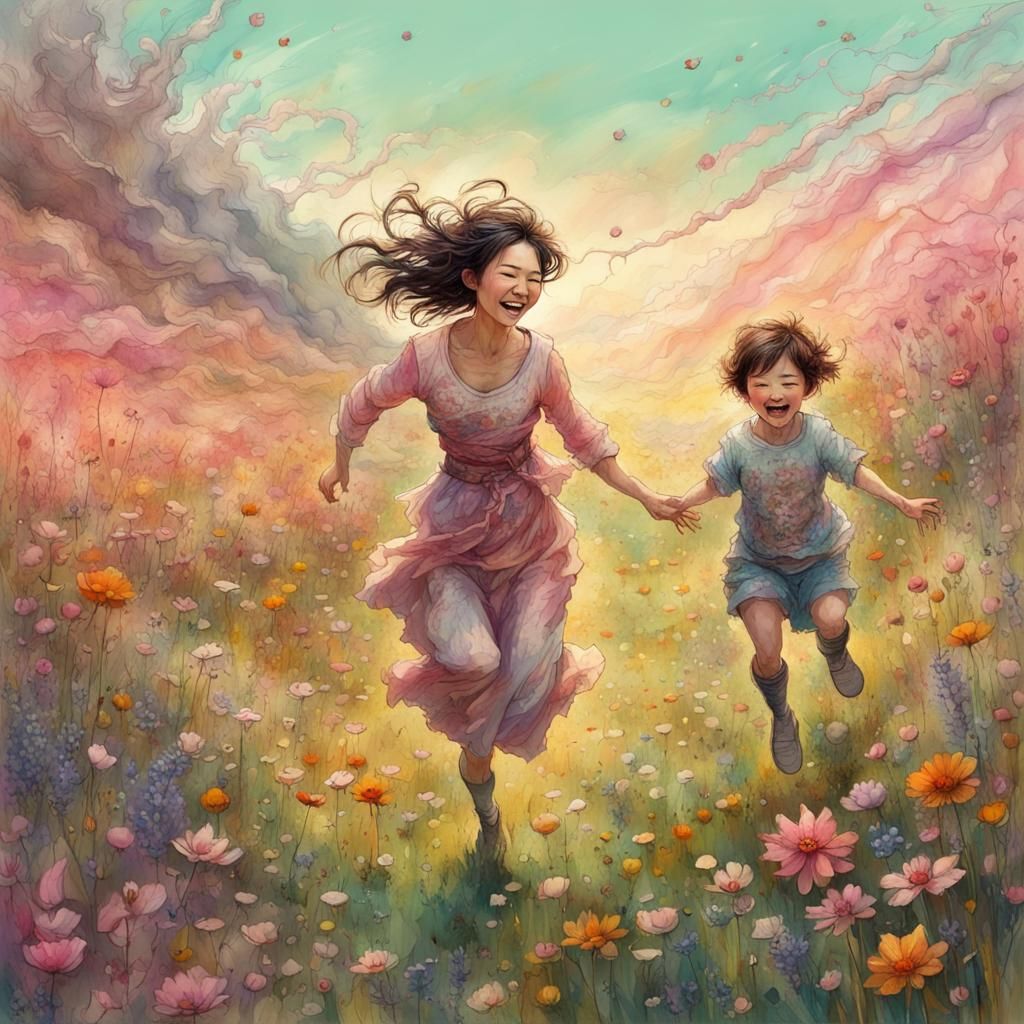 Mother and Toddler in Spring Meadow, Art Brut Style