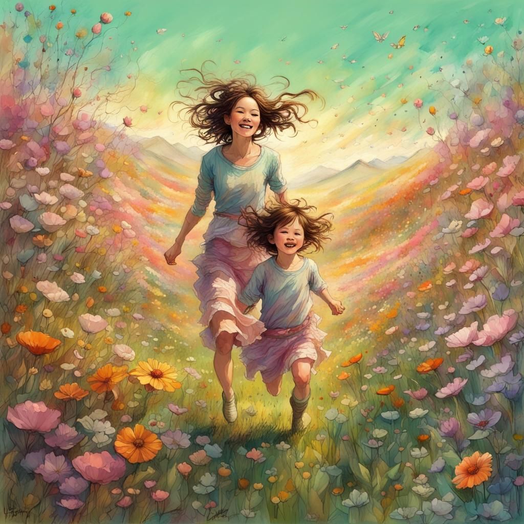 Mother and Toddler in Spring Meadow: Art Brut Style