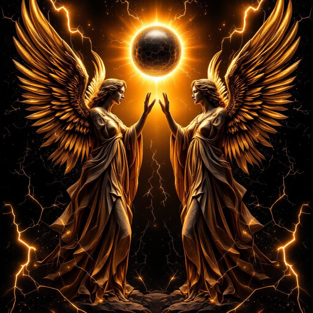 Mirrored Angel Statues in Metallic Bronze-Gold