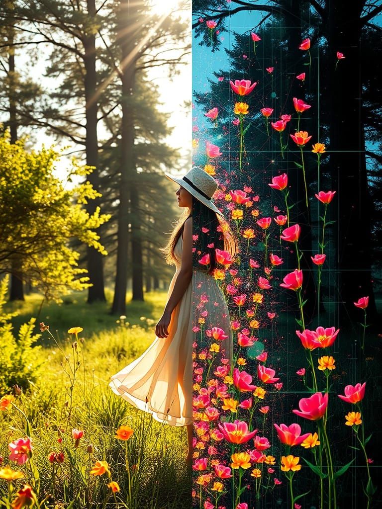 Surrealist Digital Dreamscape: Nature Meets Cyberpunk