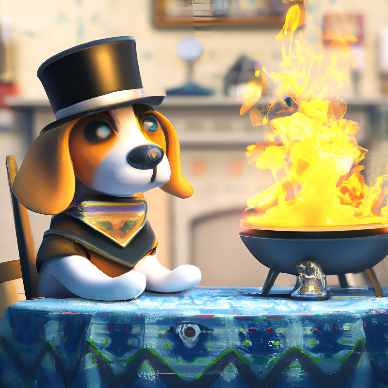 Cartoon Beagle in Burning Kitchen, 3D Rendered