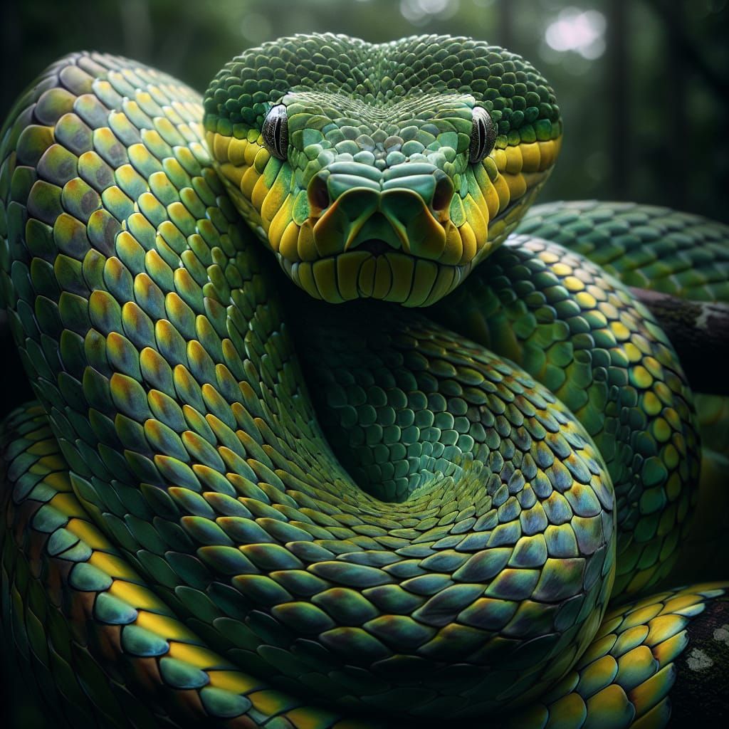 Menacing Green and Yellow Snake Coiled on Branch