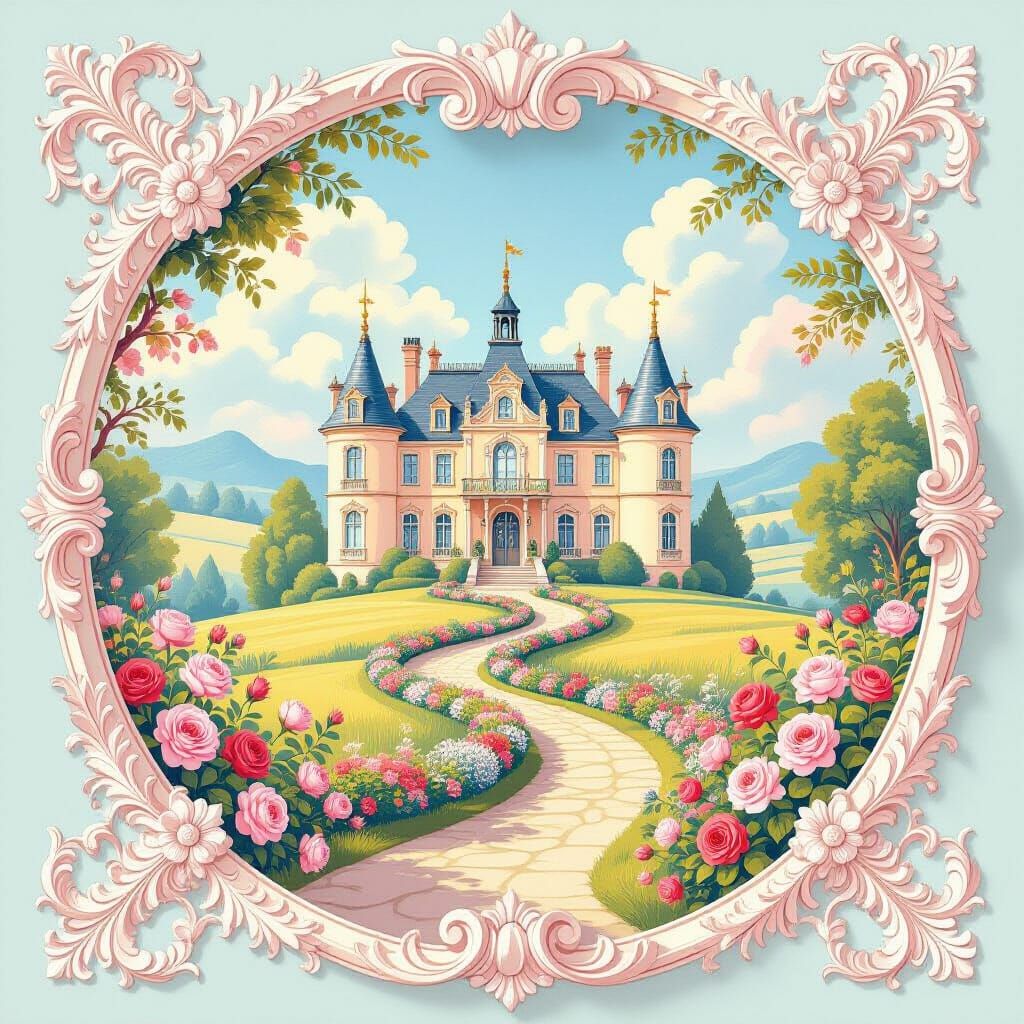 Enchanted Rococo Chateau in Dreamy Pastel Illustration