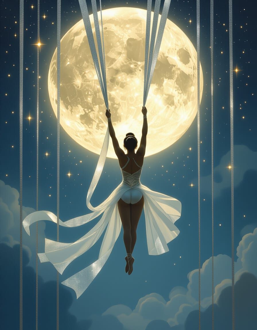 Surreal Acrobat in Dreamy Night Circus, Moonlit Performance