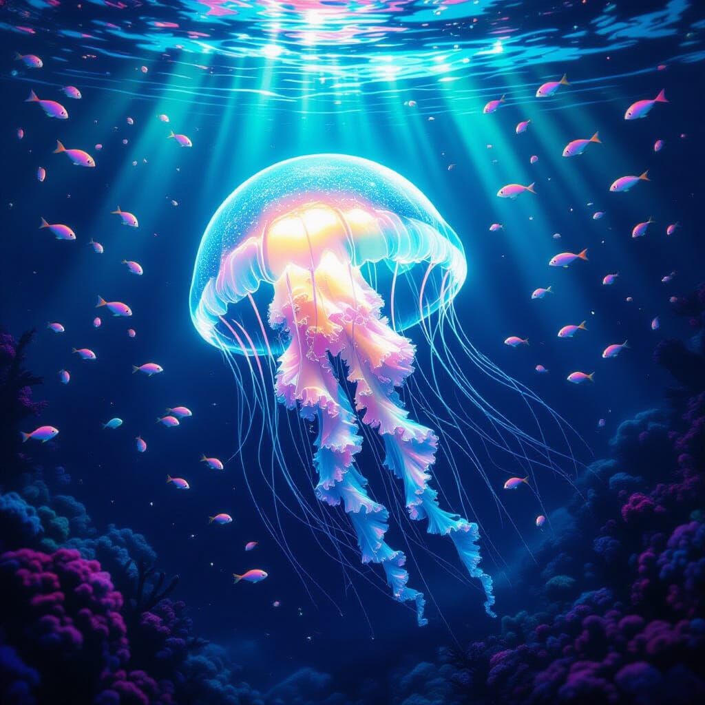 Bioluminescent Jellyfish in Deep-Sea Trench: Psychedelic Art