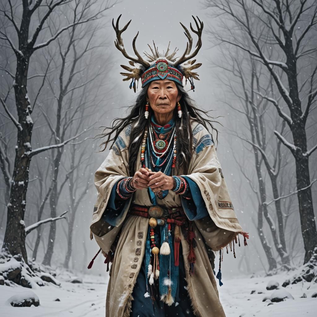 Female Shaman Amidst a Snowstorm