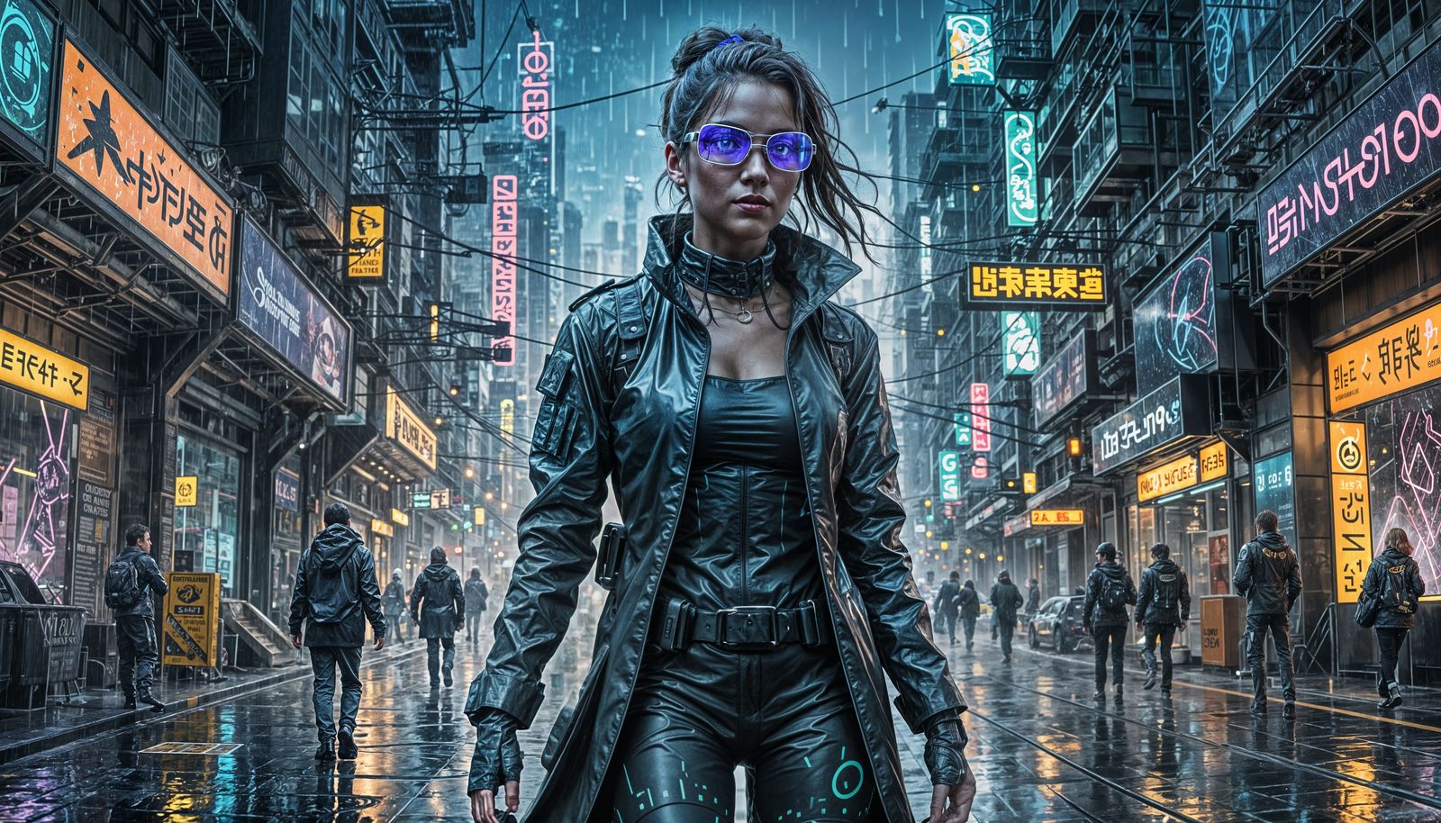 Cyberpunk Scientist in Rainy Futuristic Cityscape
