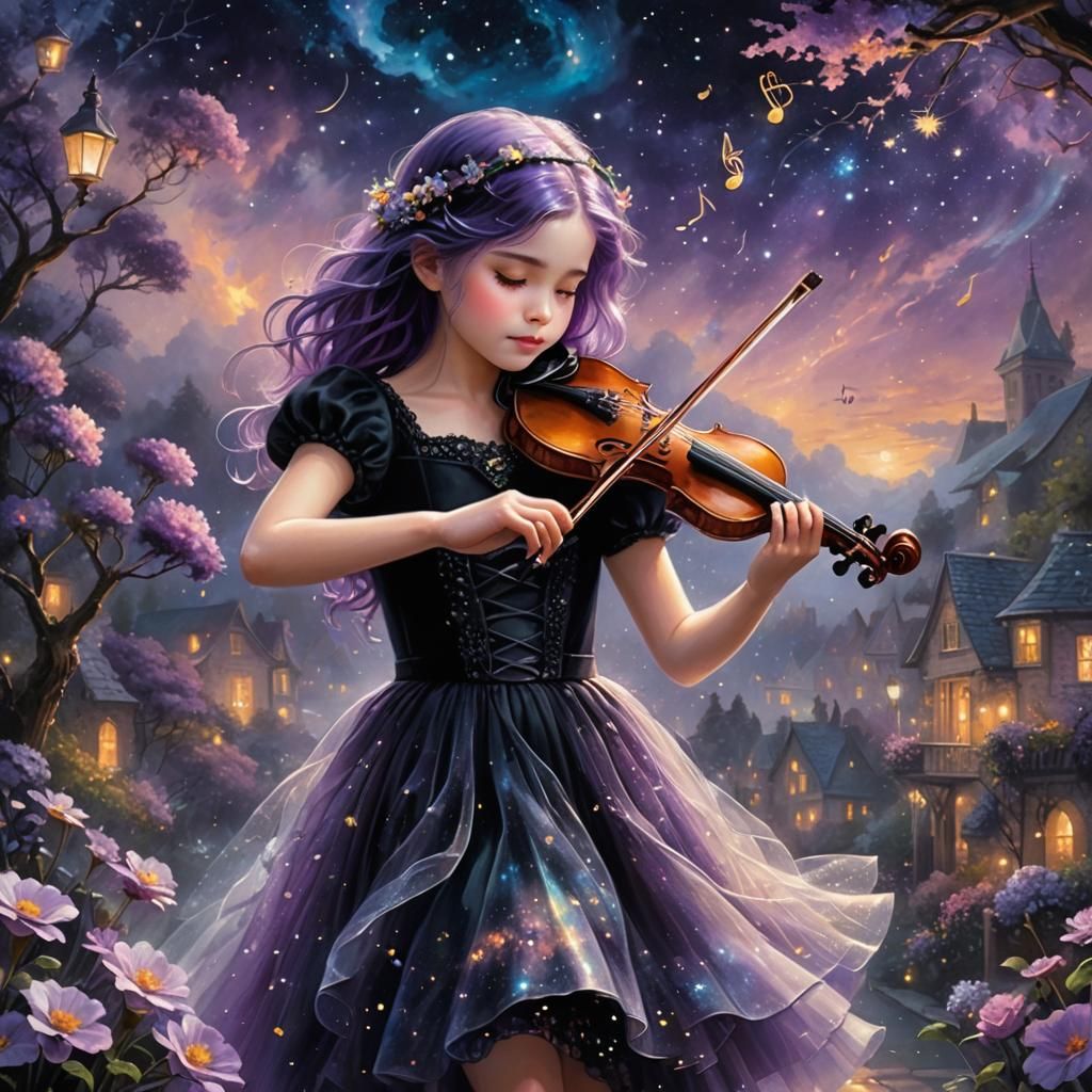Girl Playing Violin Under Starry Night Sky