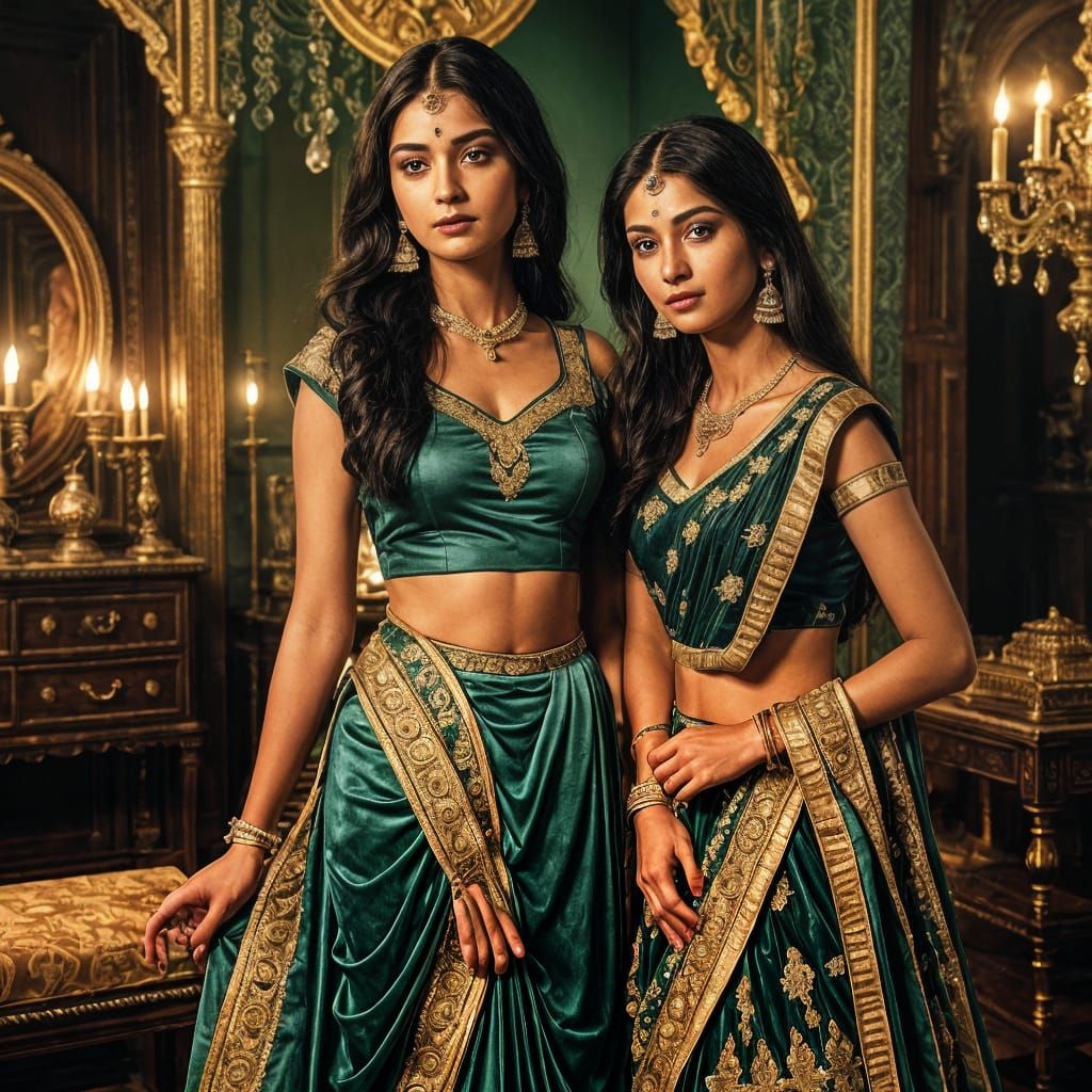 Elegant Indian women dressed in green lehenga adorned with i...