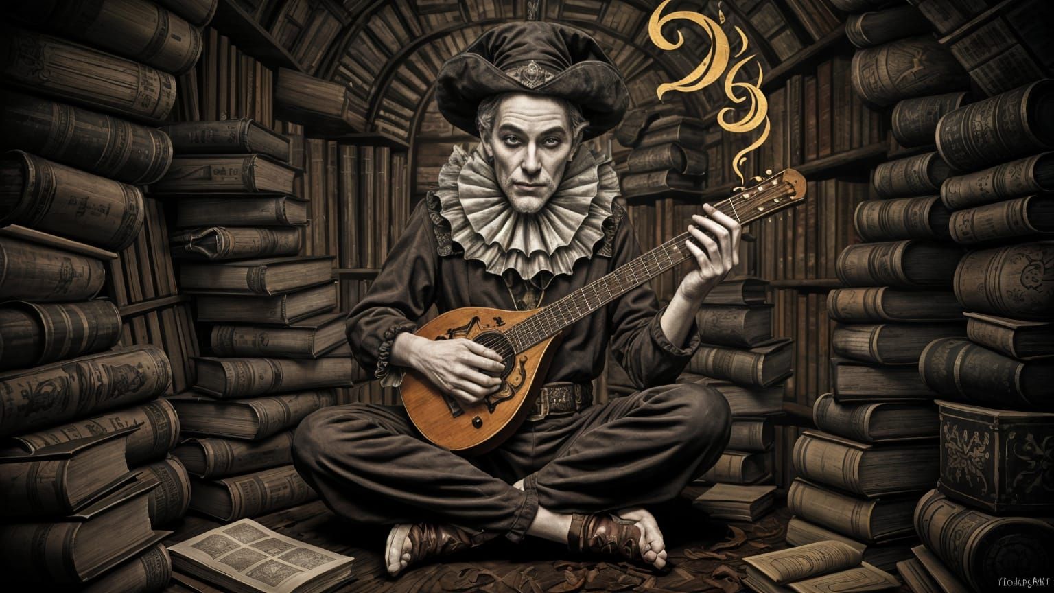 Medieval Jester Amidst Ancient Tomes, Intricate Patterns, an...
