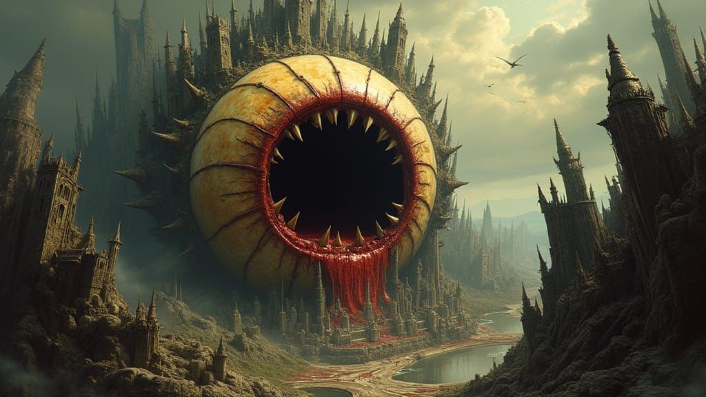 Grotesque Eyeball Metropolis in Dark Fantasy Style