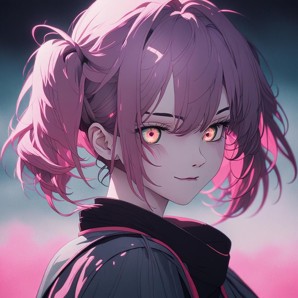 Anime Portrait of Pink-Haired Girl with Dual Ponytails