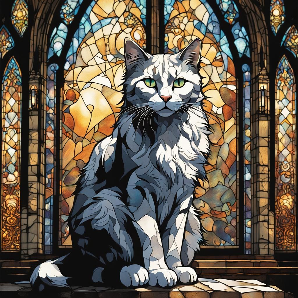 Ethereal Cat in Gothic Ruins: Greg Rutkowski Style