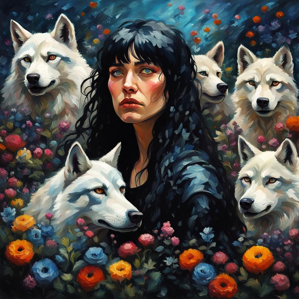 Gothic Impressionist Portrait of Punk Woman with Wolves