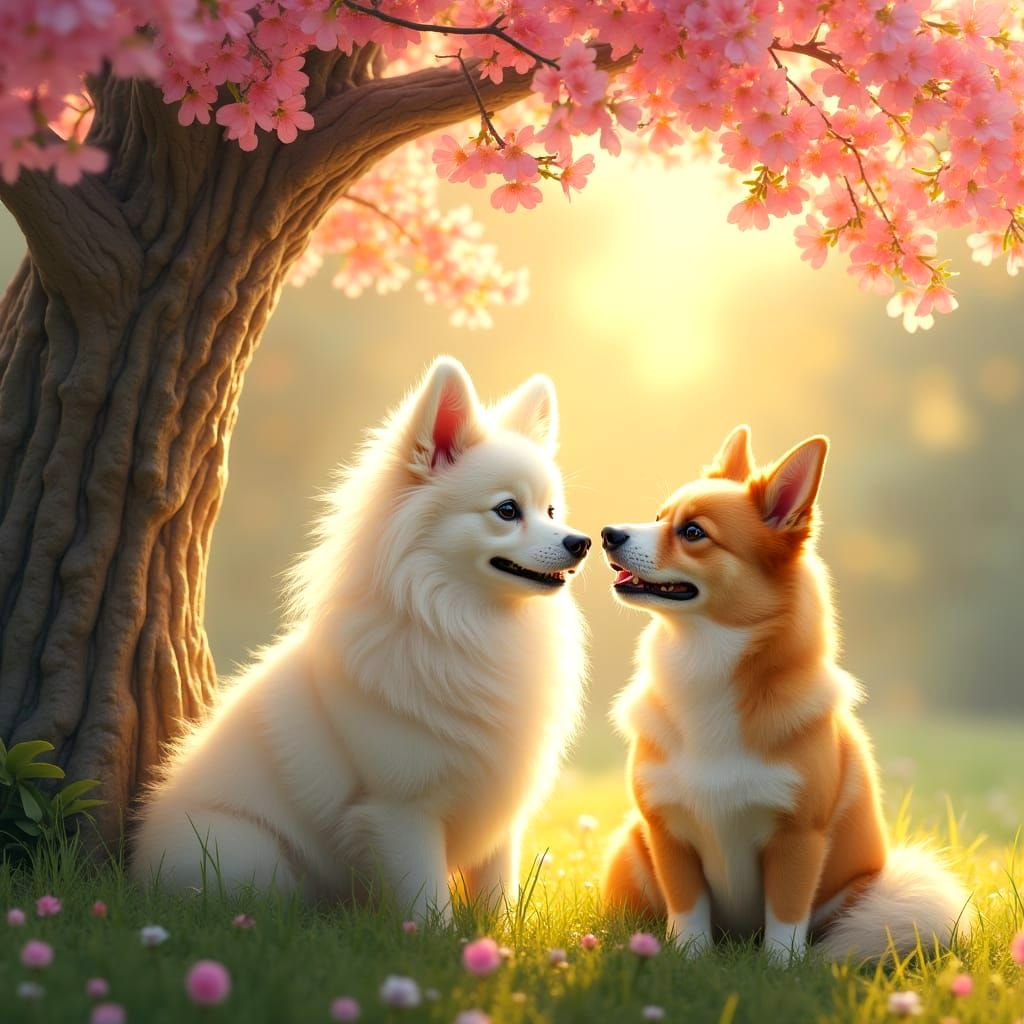 Fluffy Canine Friends Bask in Sunshine Under a Vibrant Tree