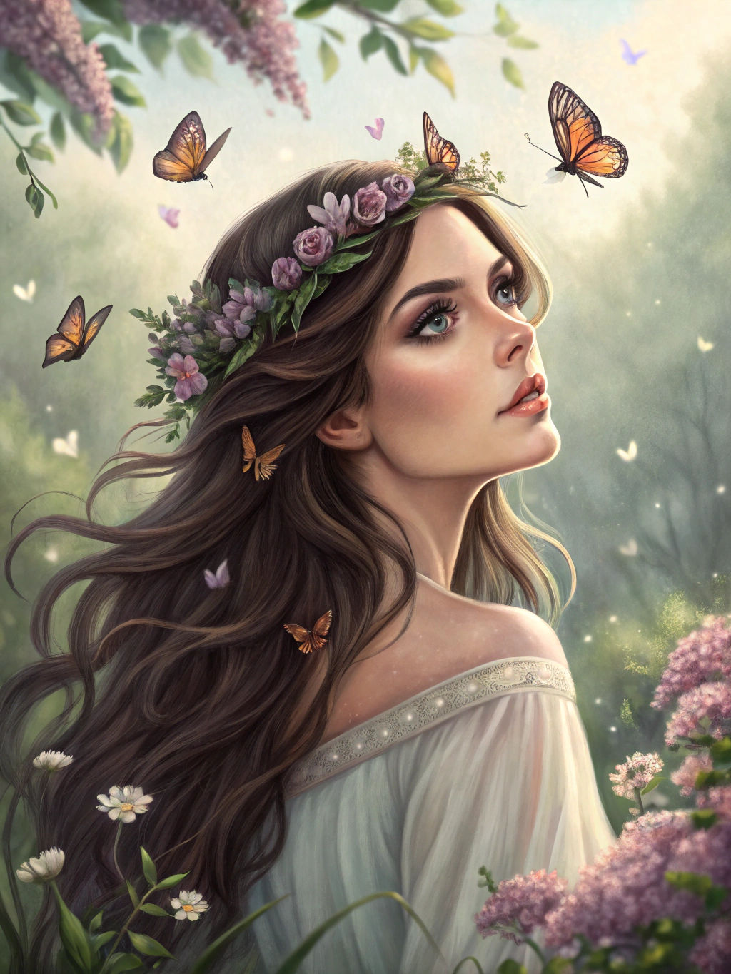 Brunette Woman with Butterflies Portrait