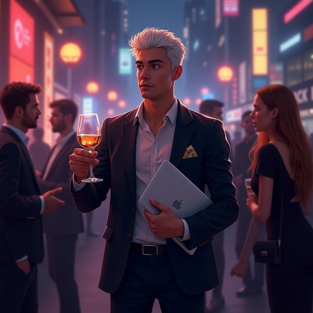 Young Developer Toasts to Success in Futuristic Corporate Pa...