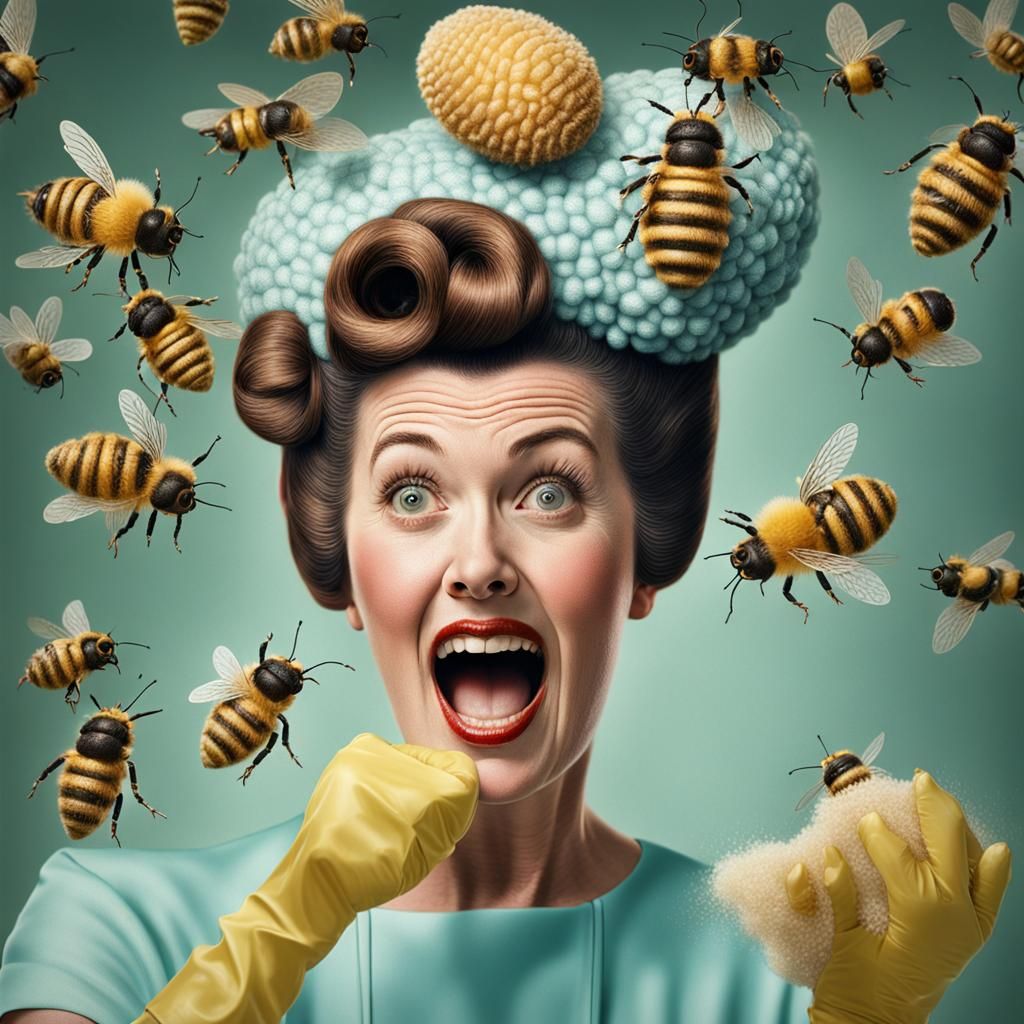 1950s Housewife Sprays Beehive Hairstyle, Photorealistic