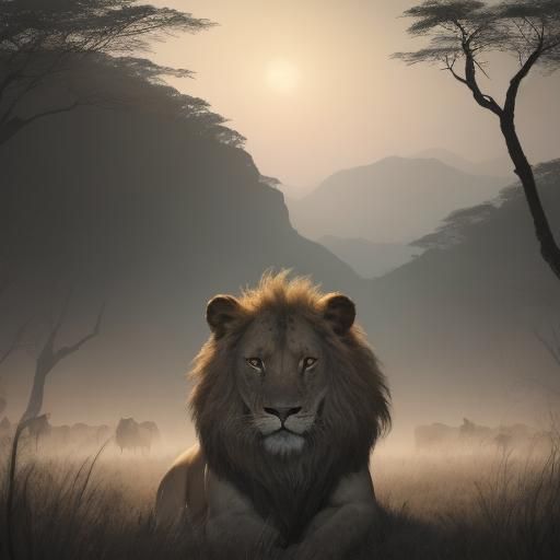 Lion in Savannah: Manhwa-Inspired Double Exposure Art