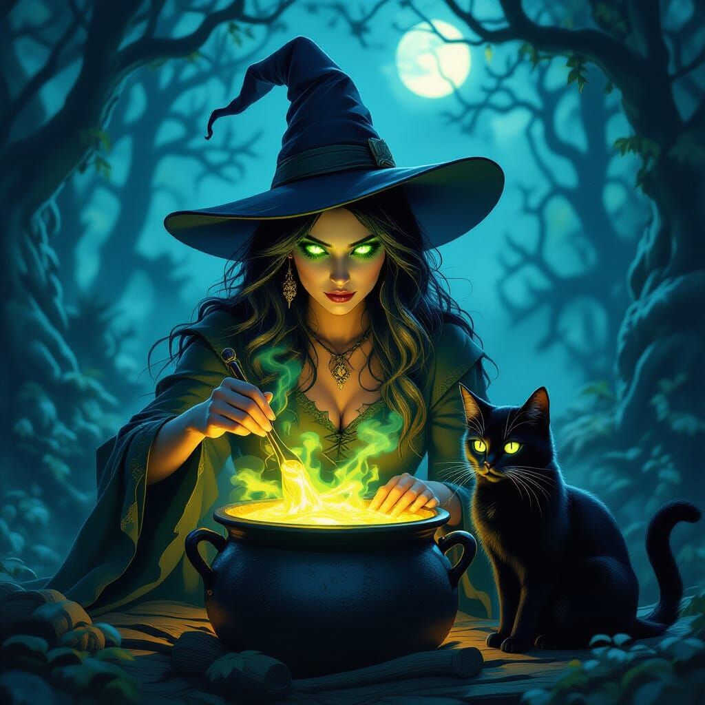 Mystical Witch and Black Cat in Ethereal Forest