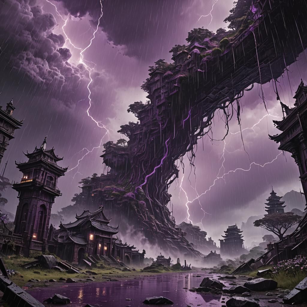 Purple Monochromatic Rainstorm: Detailed Matte Painting