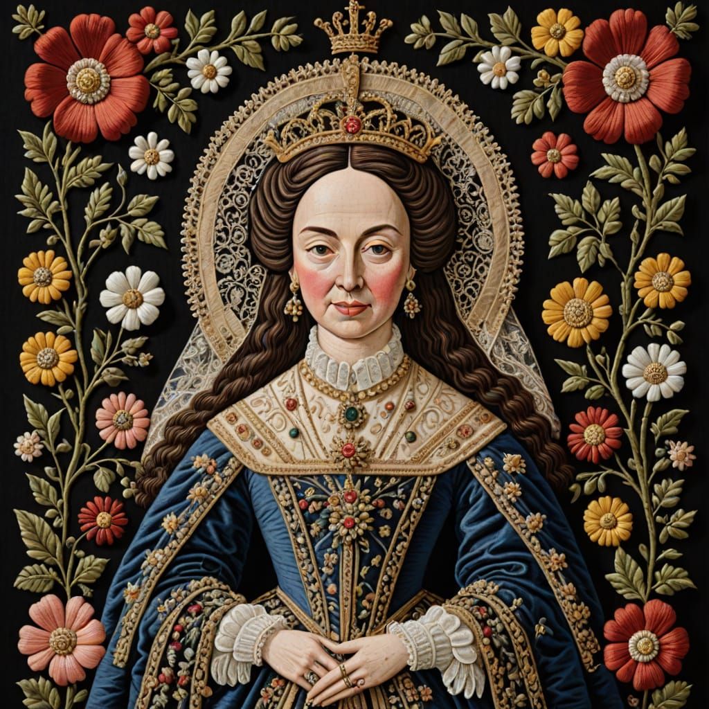 Embroidered Stumpwork Portrait of Queen Catherine of Braganz...