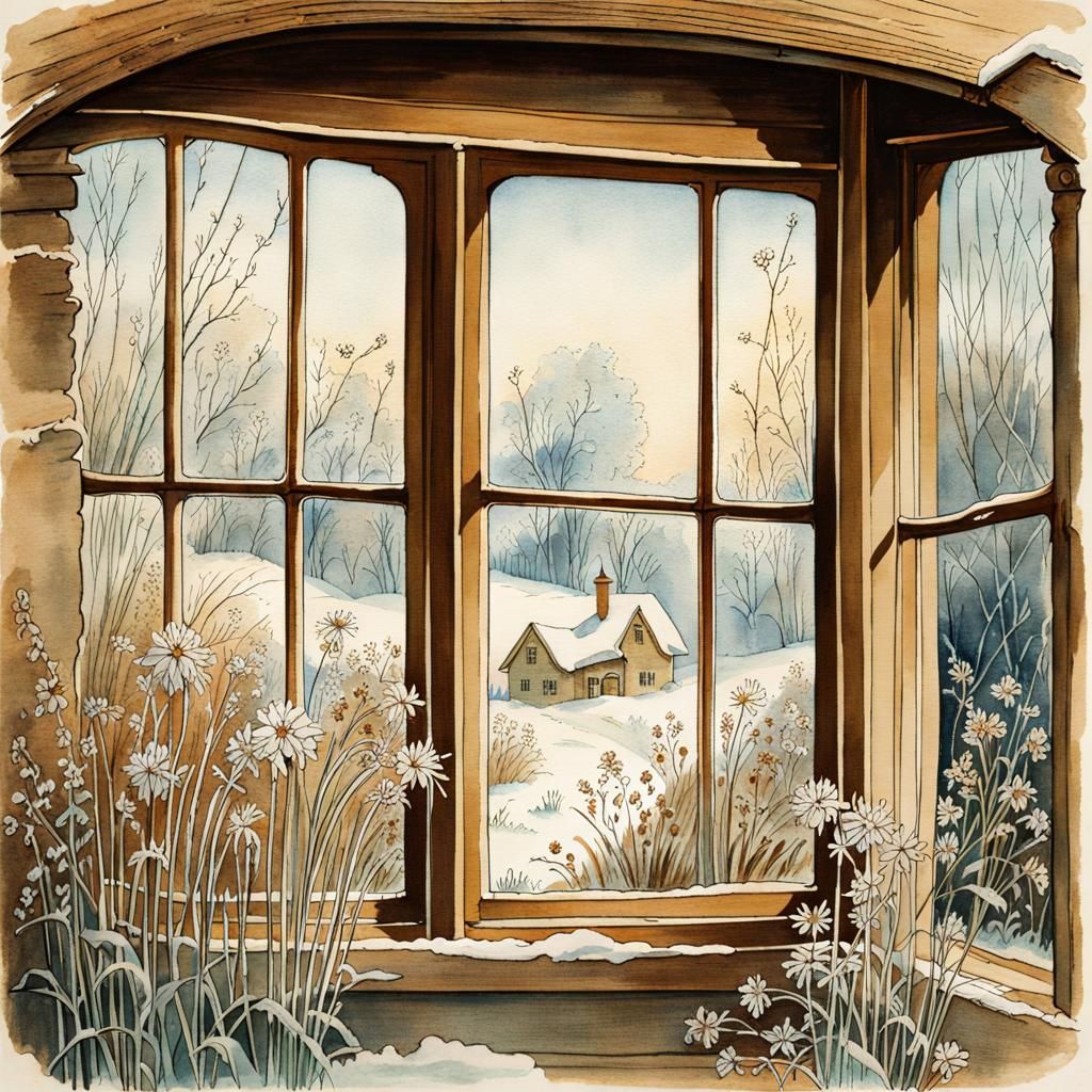 Frost Flowers on Cottage Window: Watercolor Ink Drawing