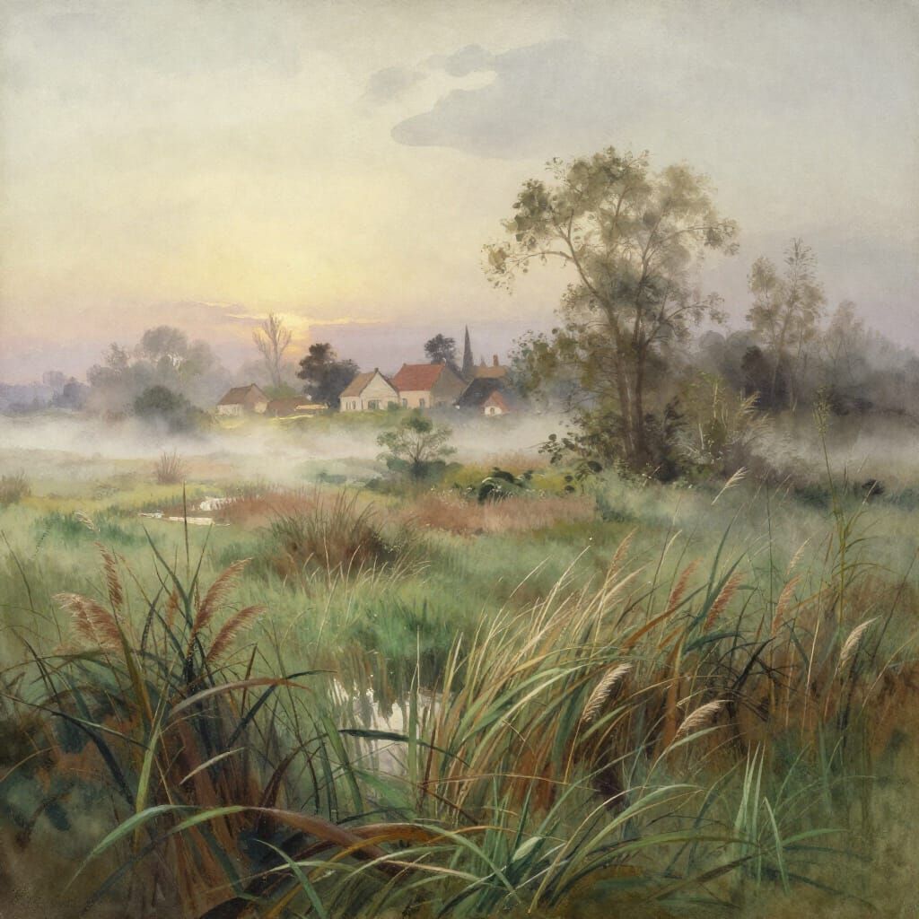19th Century Watercolour of Misty Marshland Village