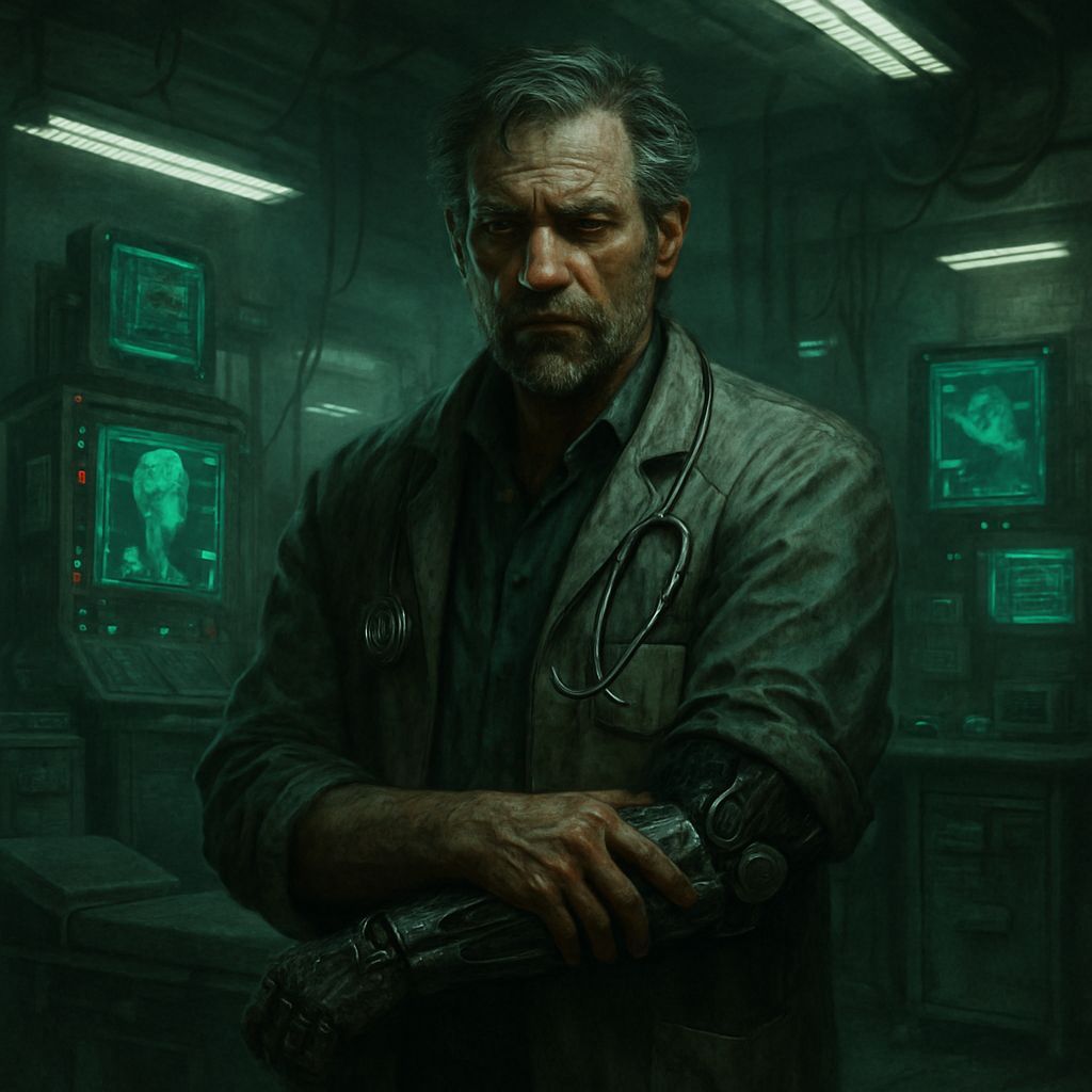 Cyberpunk Doctor in Gritty Futuristic Clinic