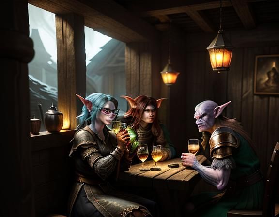 Goblins Enjoying Cocktails in Rustic Tavern, 3D Render