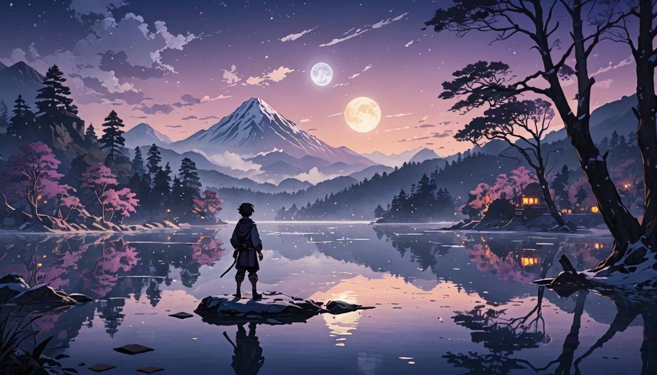 Anime Adventurer at Misty Lake in Moonlight
