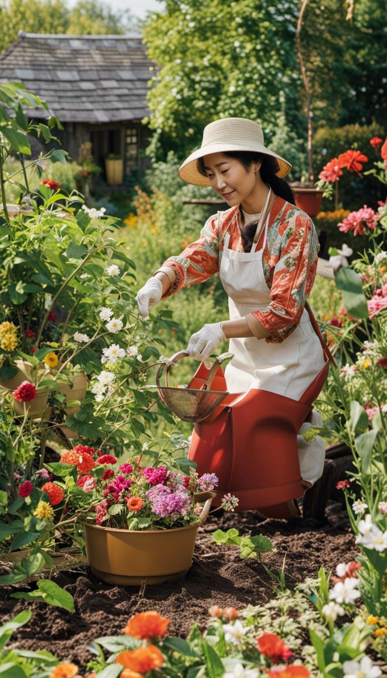 Yoko Ono as a gardener, pruning and tending to vibrant flowe...