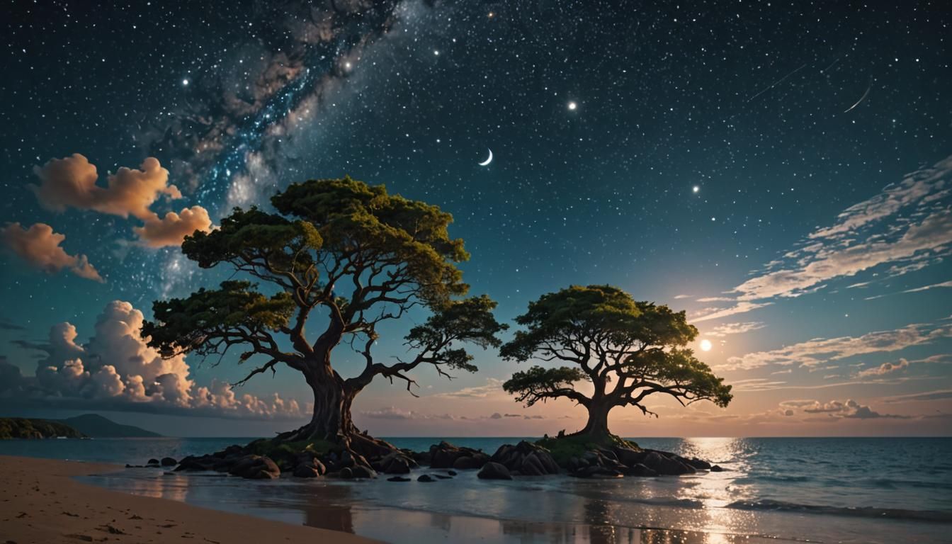 Majestic Tree Under a Starry Universe Sky