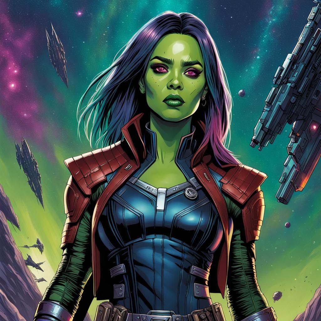 Billie Eilish as Gamora in Comic Book Art Style