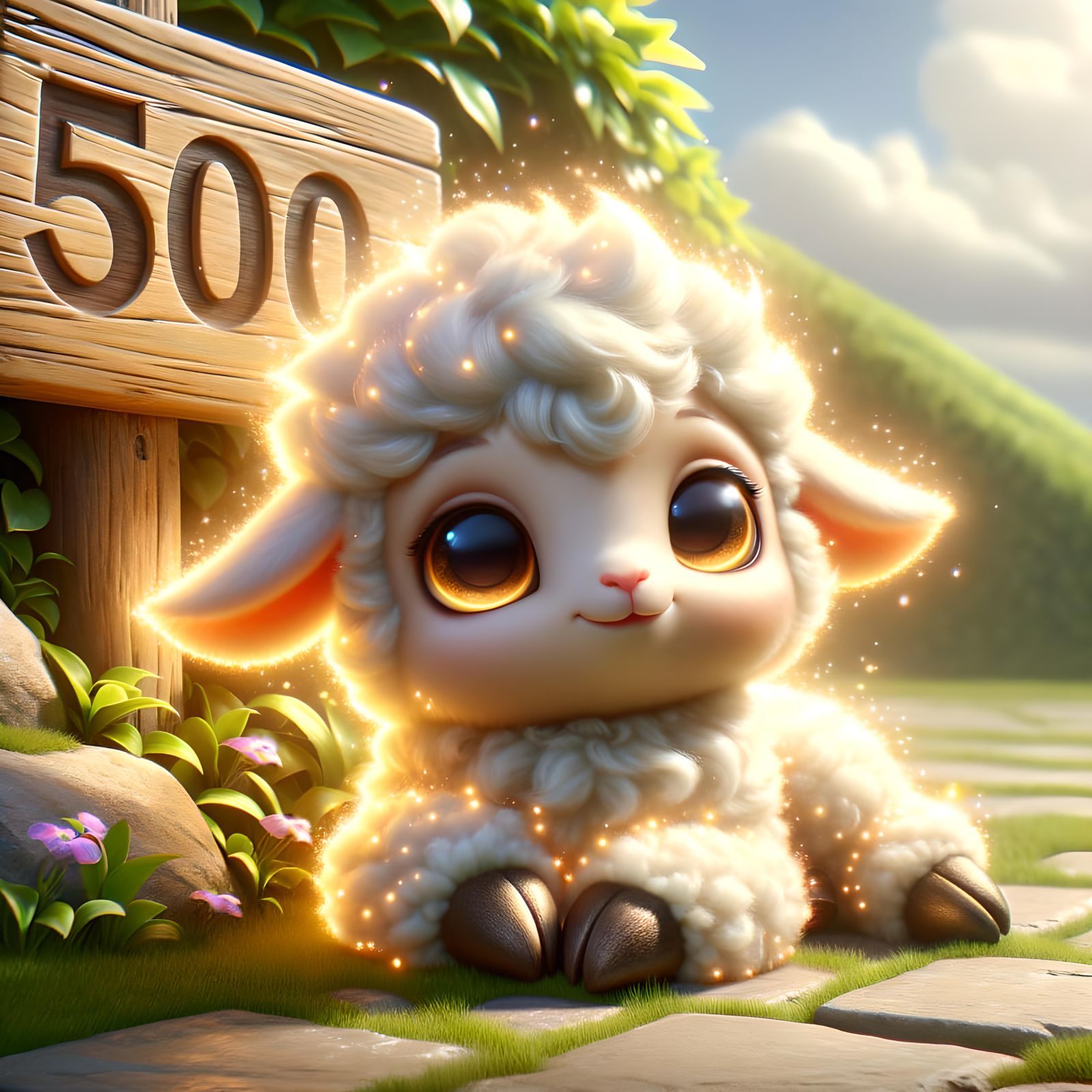 Glowing Lamb in Sunny Garden, Cartoon Style