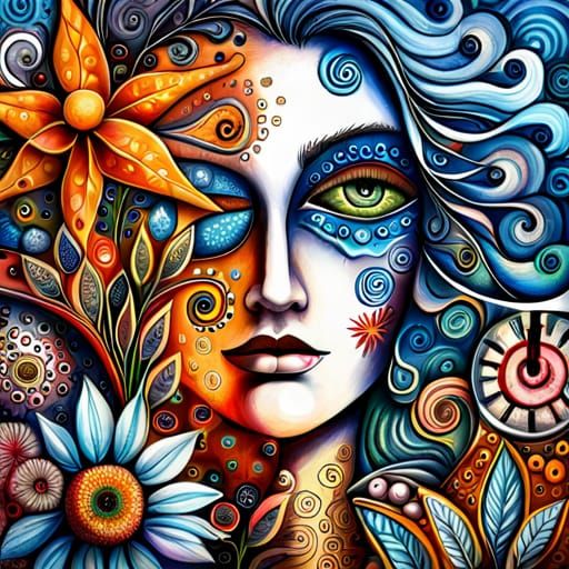 Fantasy Floral Clock in Mixed Media Style