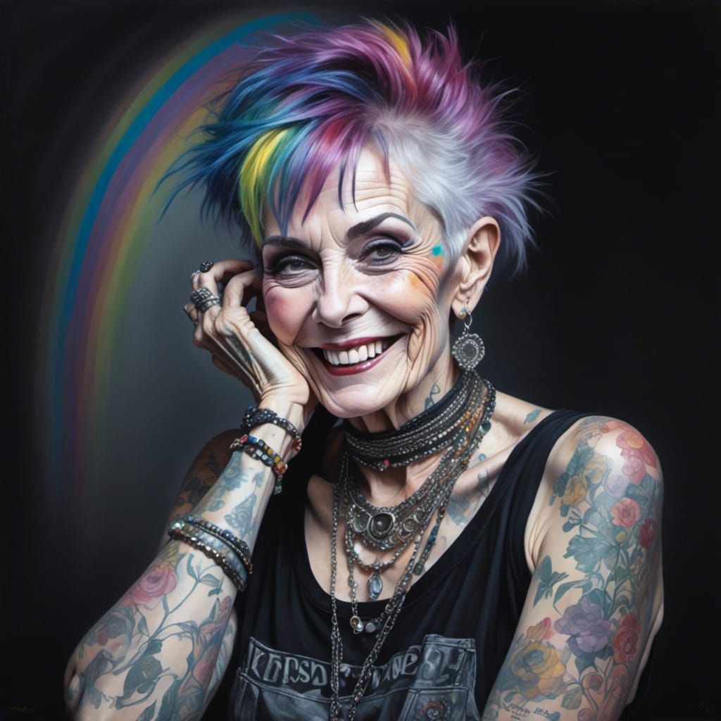 Elderly Punk Woman Portrait with Rainbow Hair