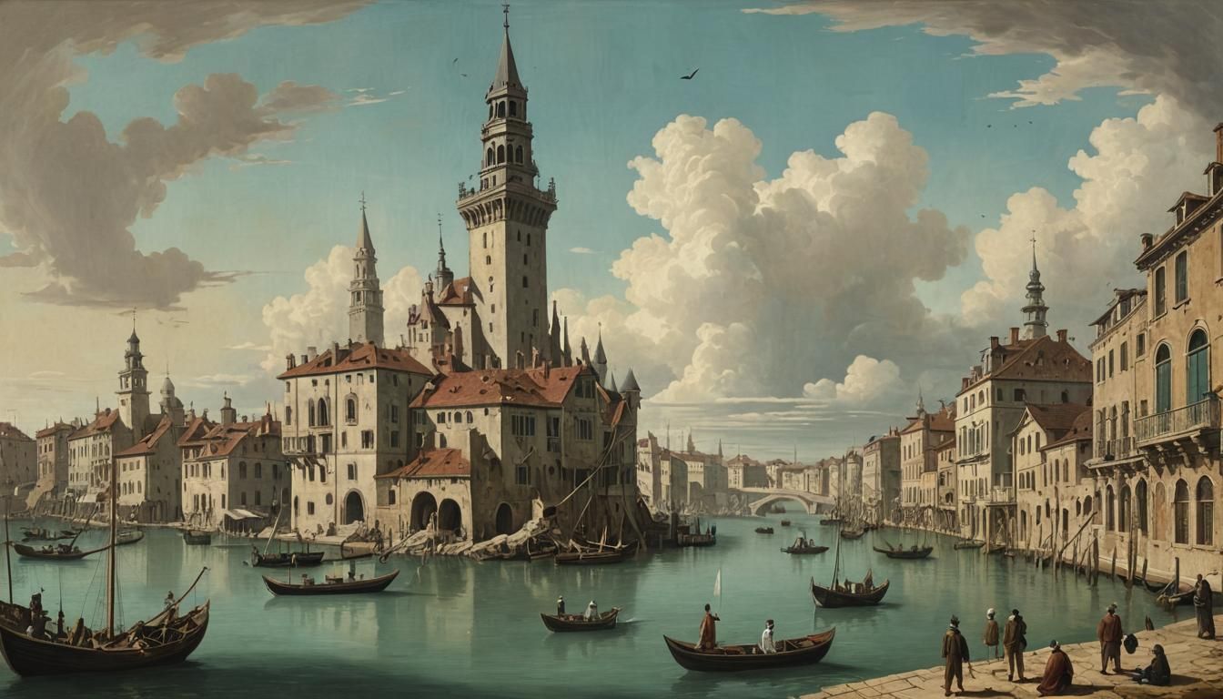 Surrealist Landscape with Architectural and Cartoon Elements