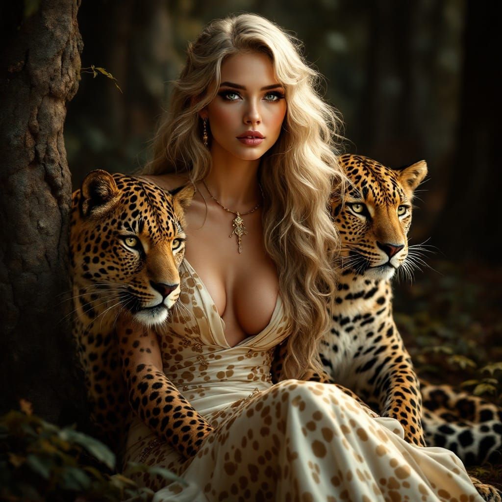 Elegant Regal Woman and Leopard in Dark Fantasy Art Nouveau...