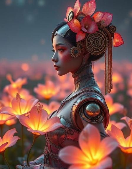 Steampunk Robotic Geisha in Hibiscus Field