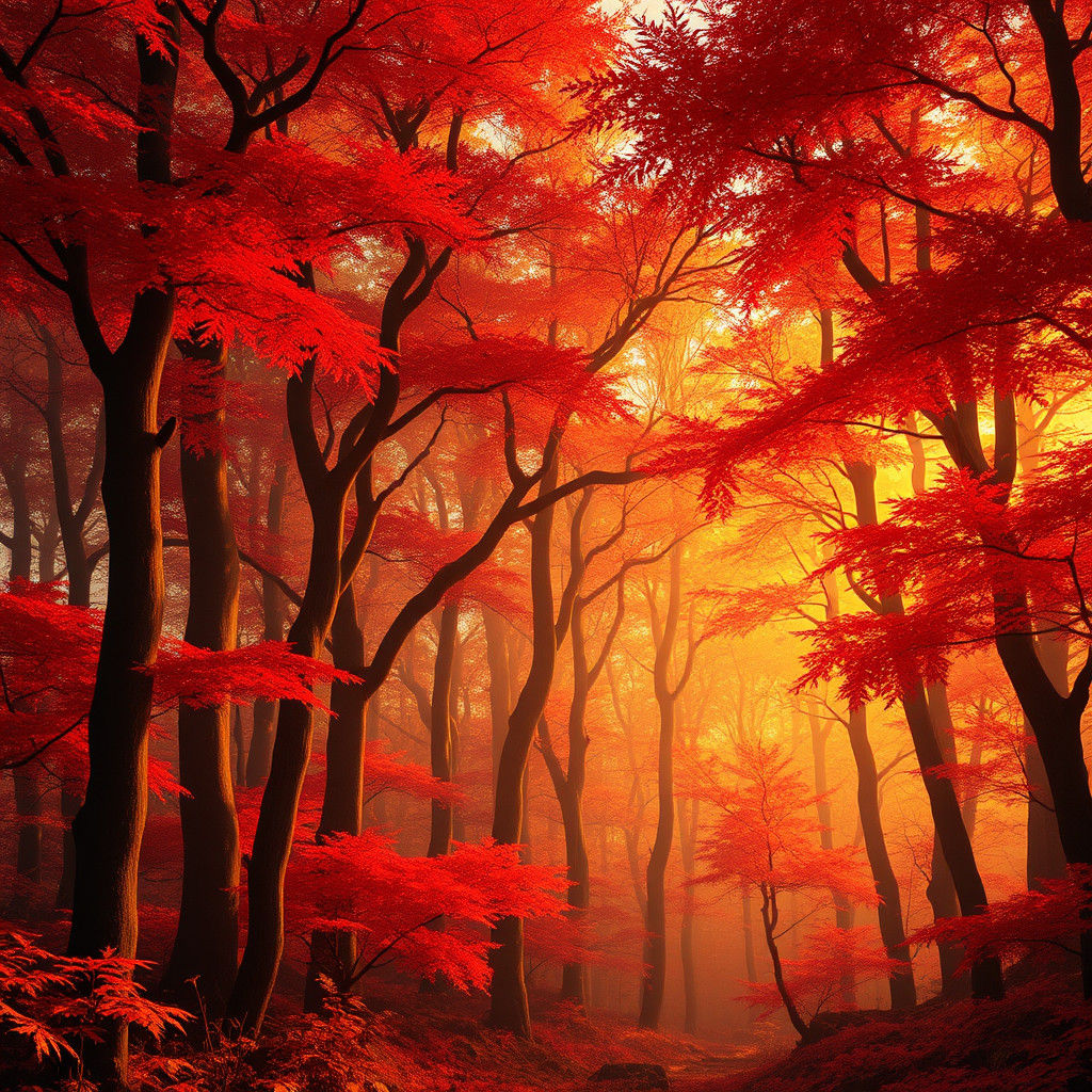 Glowing Red Leaves in Ancient Fantasy Forest