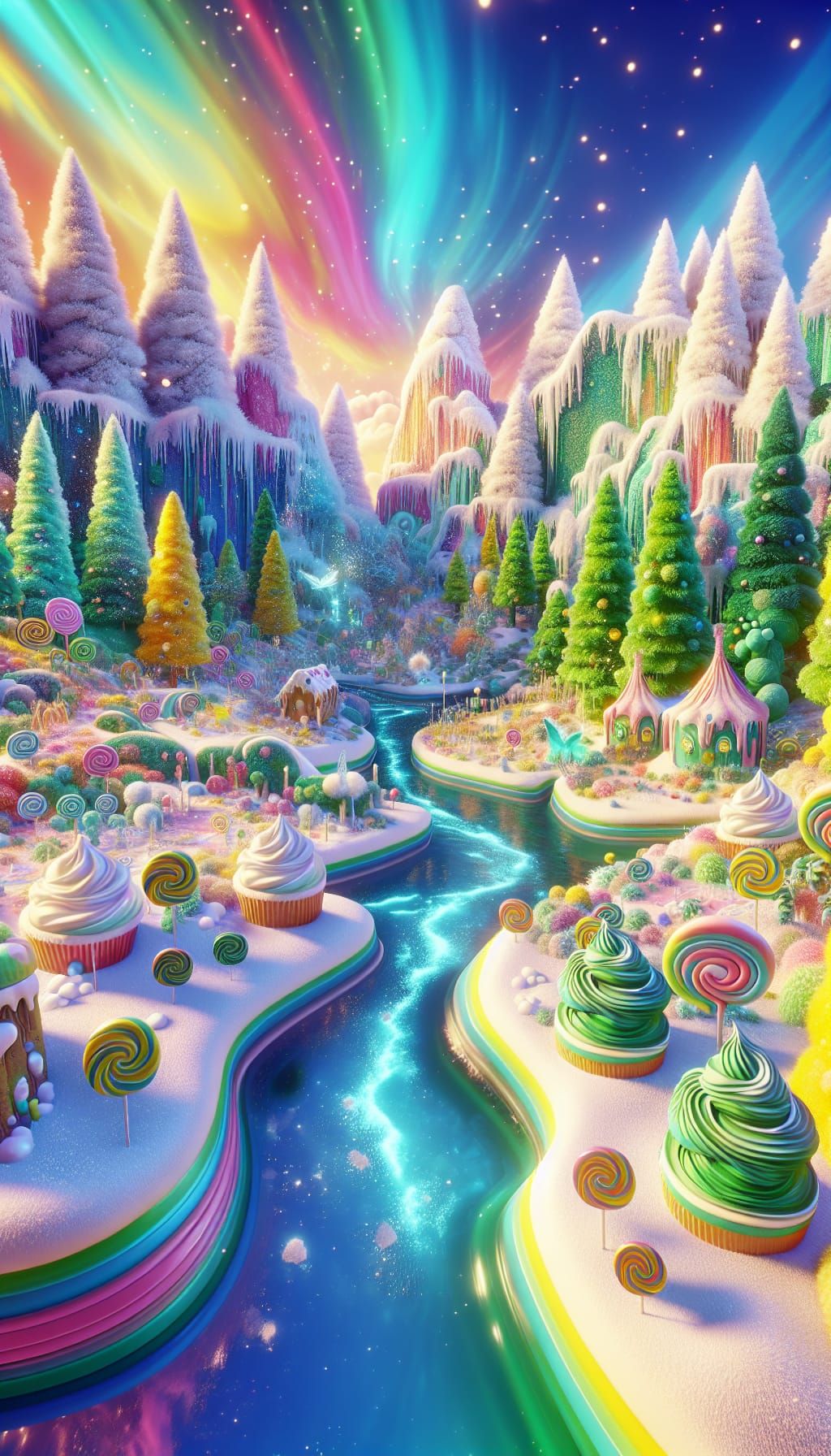 Whimsical Winter Wonderland Scene in Vibrant Colors