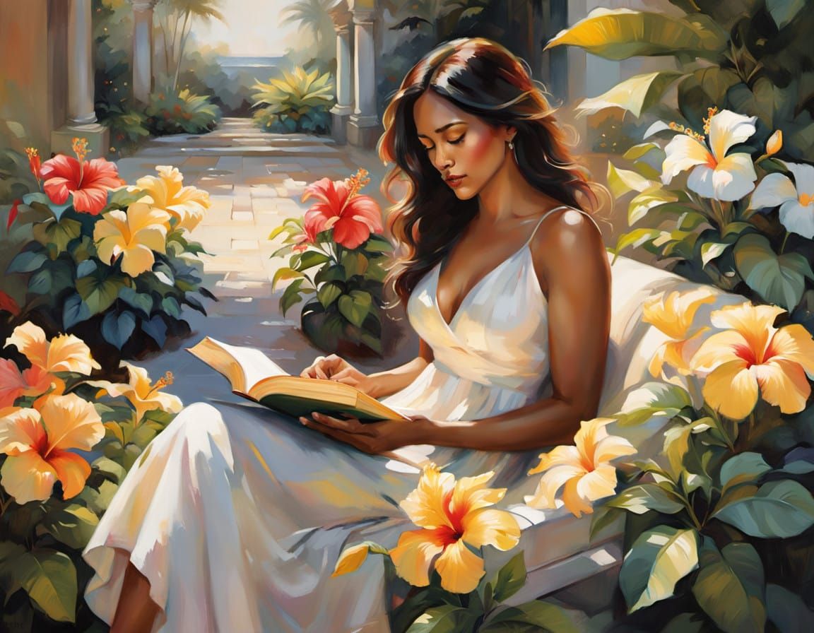 Serene Latina Woman Reads in Vibrant Garden
