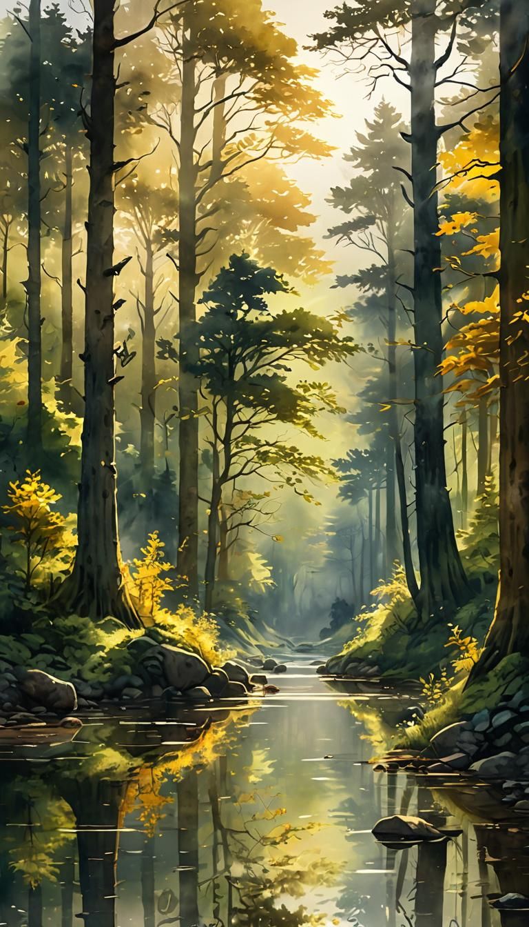 Ancient Forest Landscape in Digital Watercolor Style